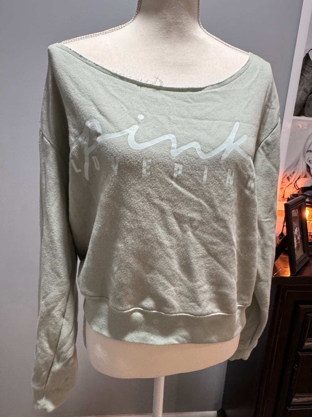 PINK Victoria's Secret Sage Green Off-Shoulder Sweatshirt